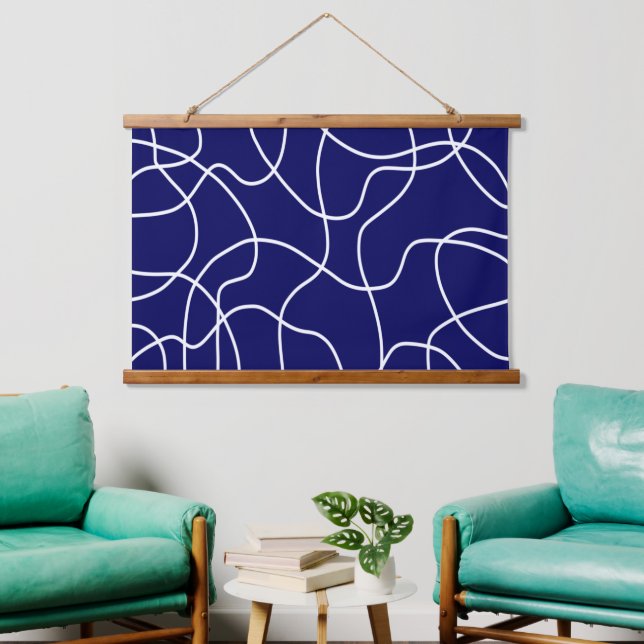 Line Art: White on Dark Blue Hanging Tapestry (Living Room)