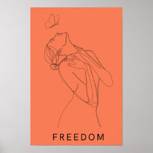 Line Art Woman Butterfly Salmon Poster
