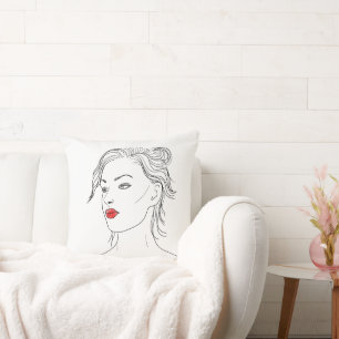 Line Art Woman in Red Lipstick Cushion