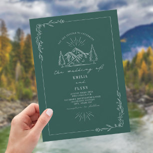 Line Art Woodland Mountain Dark Teal Wedding Invitation