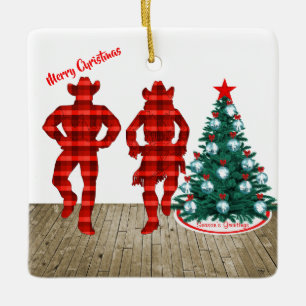 Line Dancers With Red Plaid Merry Christmas Ceramic Ornament