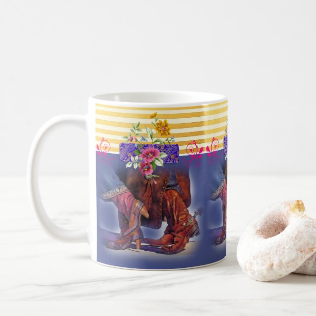 Line Dancing Country Stripe Yellow Blue Mug (With Donut)