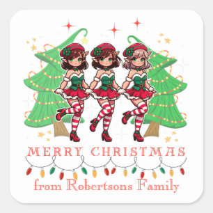 Line Dancing Sassy Elves Around Christmas Tree Square Sticker