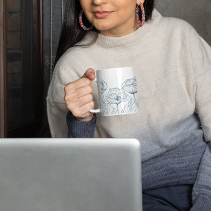 Line Draw Poppy Flower & Leaves (Midnight Green) Large Coffee Mug