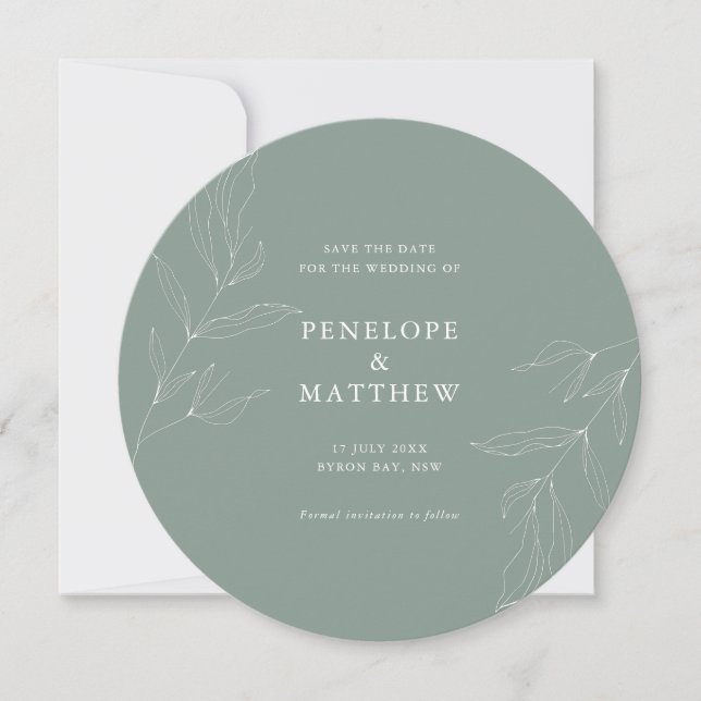 Line Drawing Foliage Sage Round Wedding Invitation (Front)