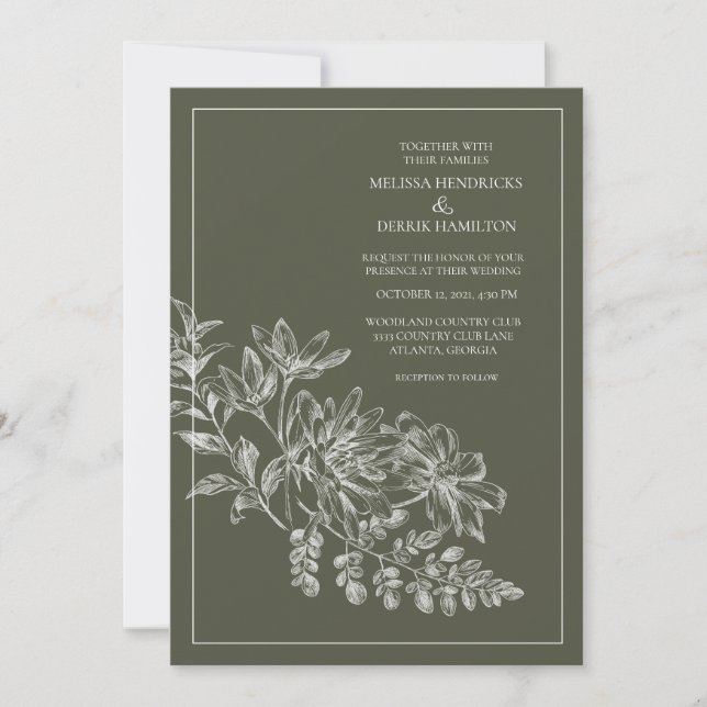 Line Drawing Forest Green Wedding Invitation (Front)
