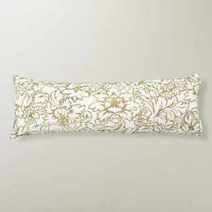 Line Drawing Gold Floral Damasks White Background Body Cushion