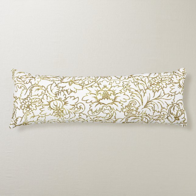 Line Drawing Gold Floral Damasks White Background Body Cushion (Front)