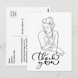LINE DRAWING of 1940s Woman Thank You  Postcard