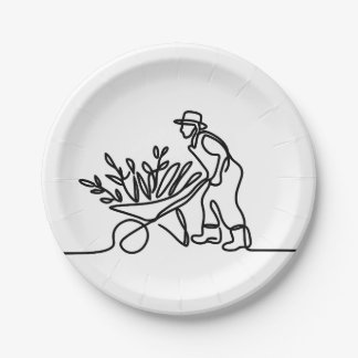 line drawing of a farmer or gardener paper plate