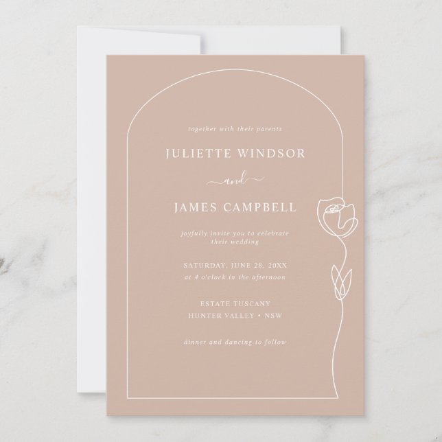 Line Drawing Rose Flower Latte Wedding Invitation (Front)