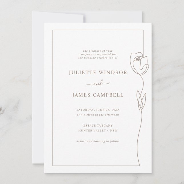 Line Drawing Rose Flower Wedding Invitation (Front)