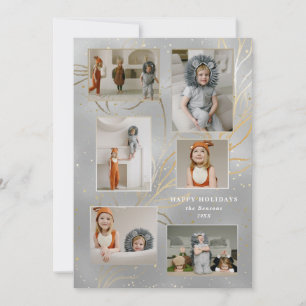 Line-Drawn Gold Leaves Glam Silver 6-Photo Holiday Card