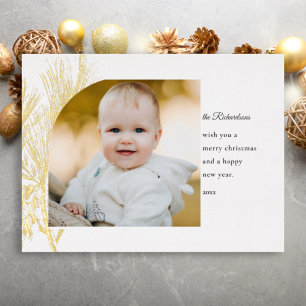 Line Drawn Gold Pine Photo  Foil Holiday Postcard