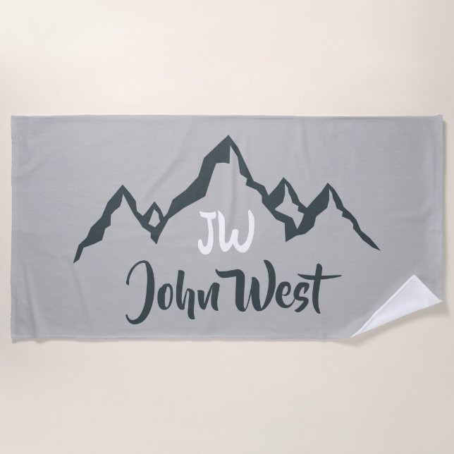 Line drawn mountain range personalizable monogram beach towel (Front)