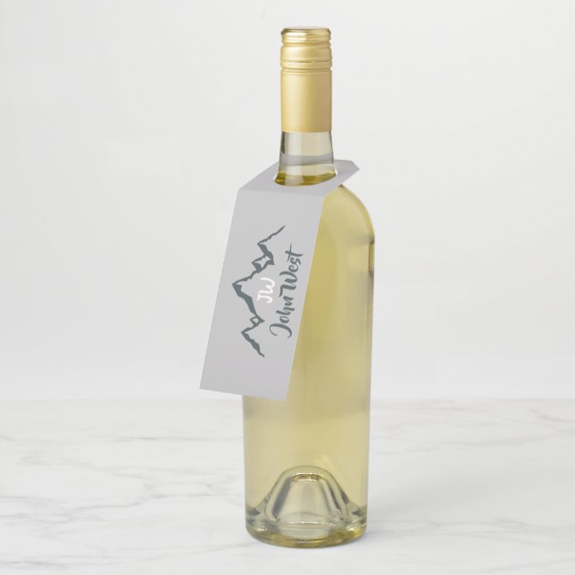 Line drawn mountain range personalizable monogram bottle tag (Angled)