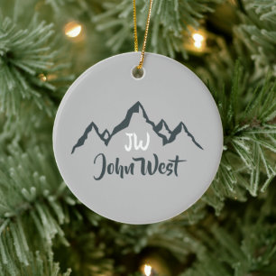 Line drawn mountain range personalizable monogram ceramic ornament