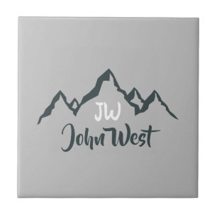 Line drawn mountain range personalizable monogram ceramic tile
