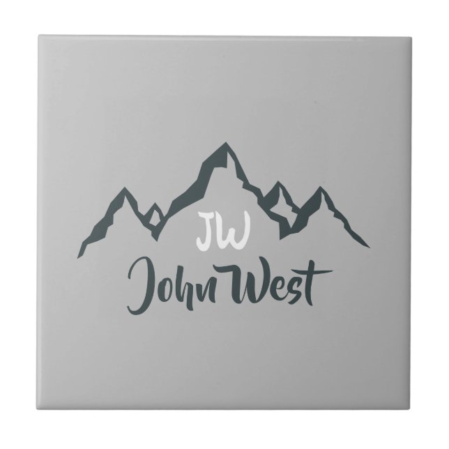 Line drawn mountain range personalizable monogram ceramic tile (Front)