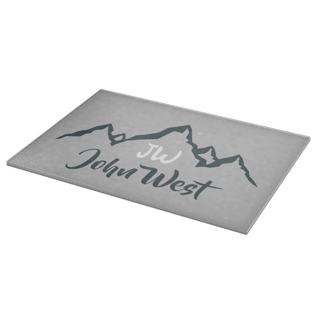 Line drawn mountain range personalizable monogram cutting board (Corner)