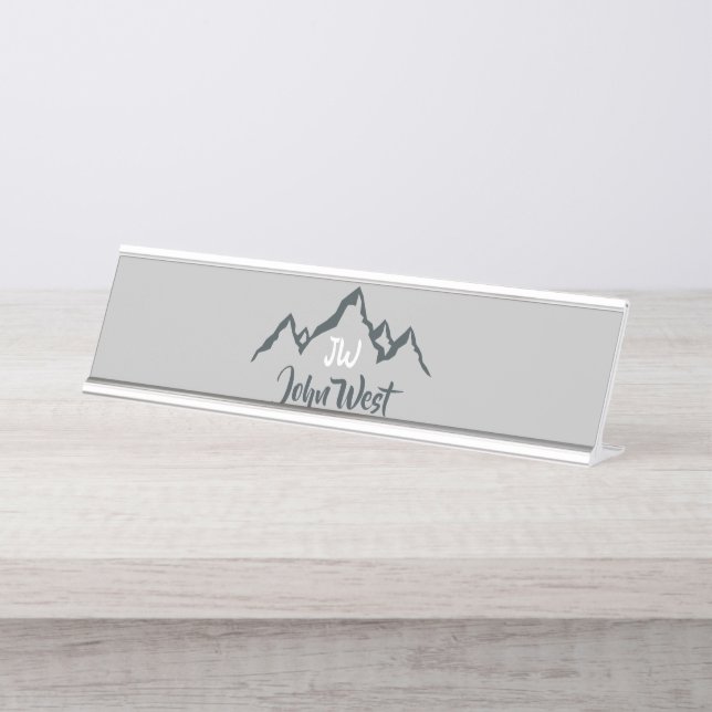 Line drawn mountain range personalizable monogram desk name plate (Front)
