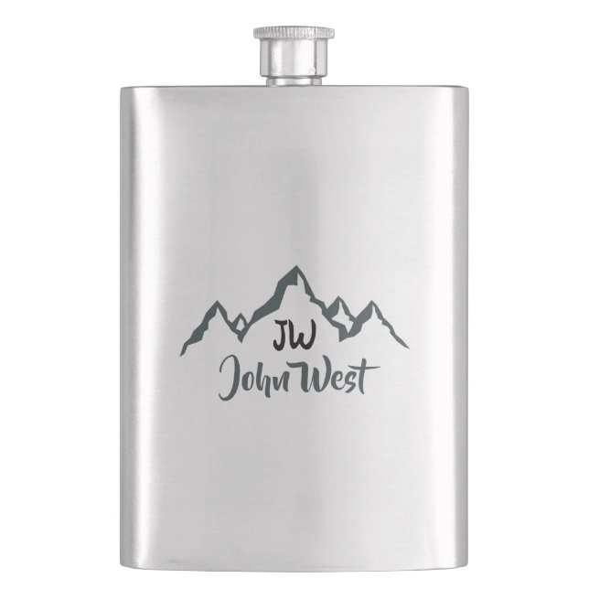 Line drawn mountain range personalizable monogram hip flask (Front)