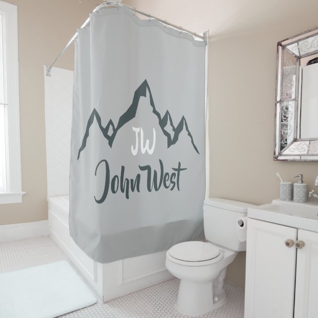 Line drawn mountain range personalizable monogram shower curtain (In Situ)
