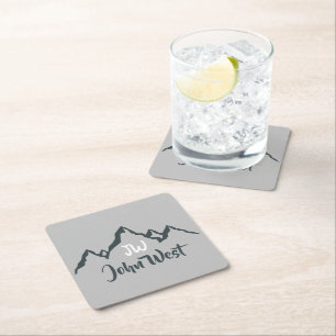 Line drawn mountain range personalizable monogram square paper coaster
