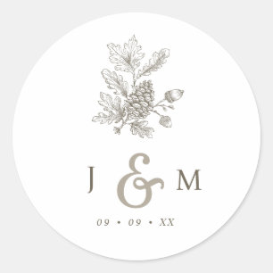 Line Drawn Pinecone & Acorns Monogram Fall Wedding Classic Round Sticker