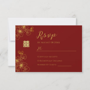 Line floral cherry blossom chinese wedding red RSVP card