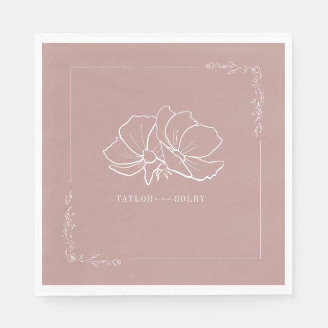 Line Floral Pink Earth Tone Wedding Napkin (Front)