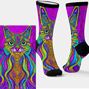Line Illustration - Blue & Yellow Cat on Purple Socks