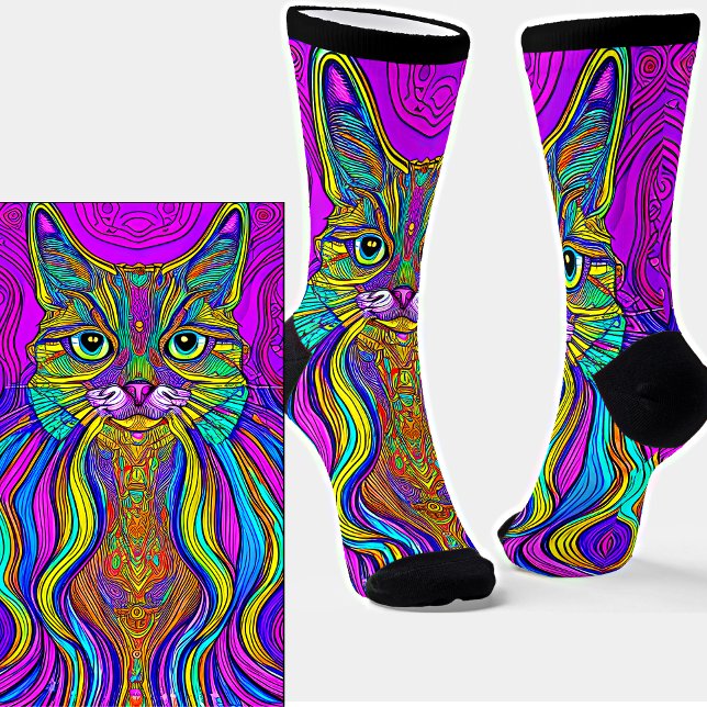 Line Illustration - Blue & Yellow Cat on Purple Socks (Creator Uploaded)