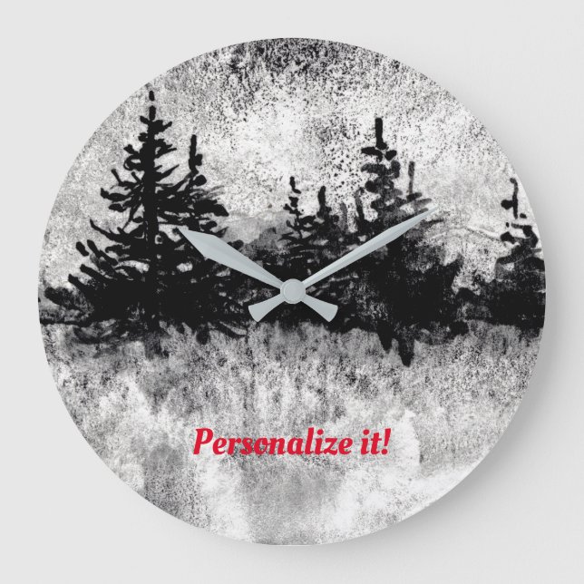 Line of pines in black, white and grey large clock (Front)