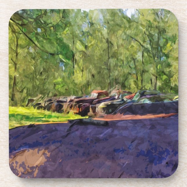 Line of Rusty Old Cars and Trucks Abstract Coaster (Front)