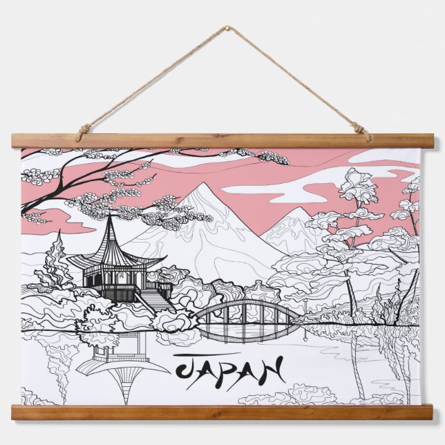 Line Painting of Japanese Temple Lake Mountain Hanging Tapestry (Front)