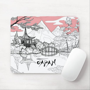 Line Painting of Japanese Temple Lake Mountain Mouse Pad