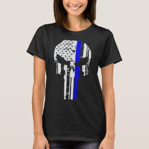 Line Police Blue Support Patriotic Skull American  T-Shirt