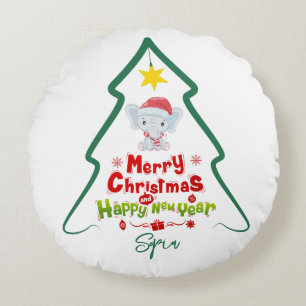 Line Tree Christmas and Happy New Year Elephant Round Cushion