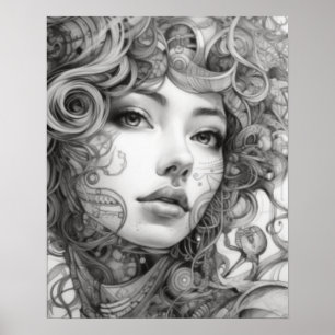 Lineal Art Drawing Woman's Body Poster