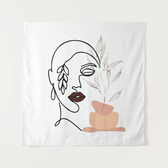 Linear female beauty simple face botanical element tapestry (Front)