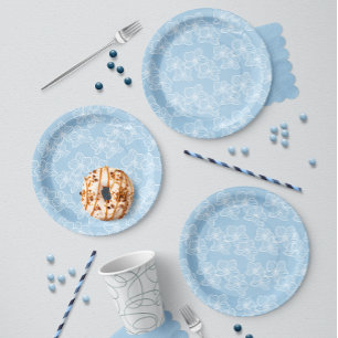 Linear Orchid Elegant Floral Party & Event Blue Paper Plate