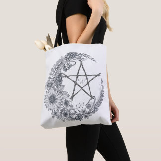 Lineart Flower Moon With Pentagram Monogram Tote Bag