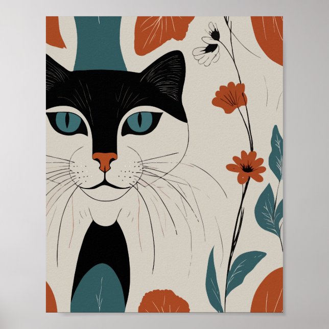 Lined Cat with colourful flowers Poster (Front)