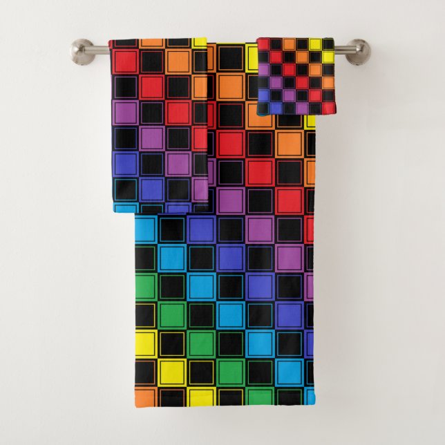 Lined Chequered Rainbow and Black Bath Towel Set (Insitu)