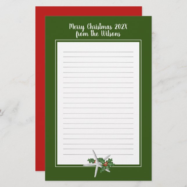 Lined Christmas Starfish red green Writing Paper (Front/Back)