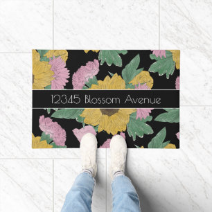 Lined Floral Flower Pattern Black Doormat