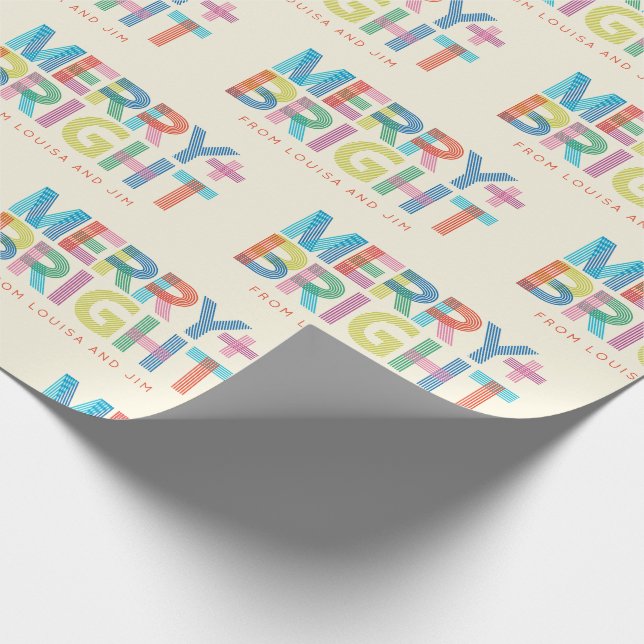 Lined Merry + Bright holiday typography Wrapping Paper (Corner)