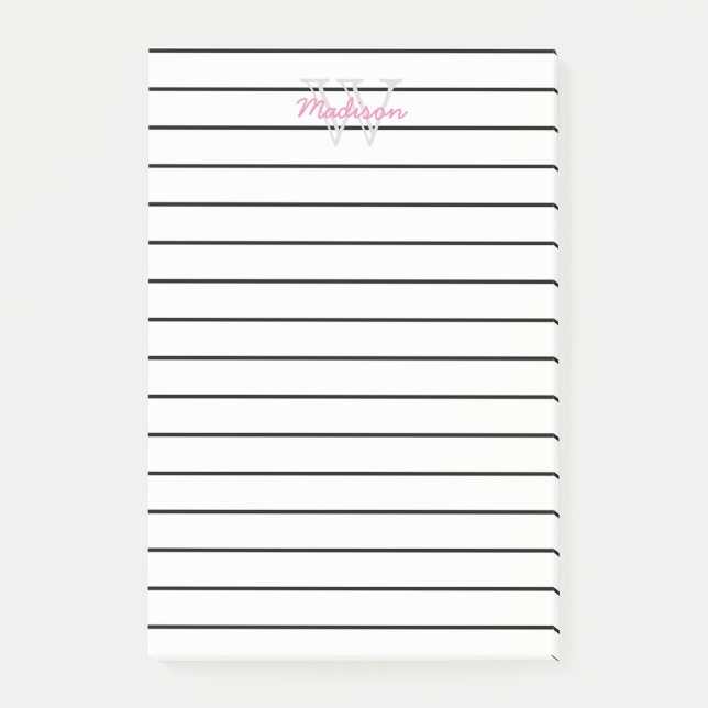 Lined Monogrammed Black Pink & White Post-it Notes (Front)