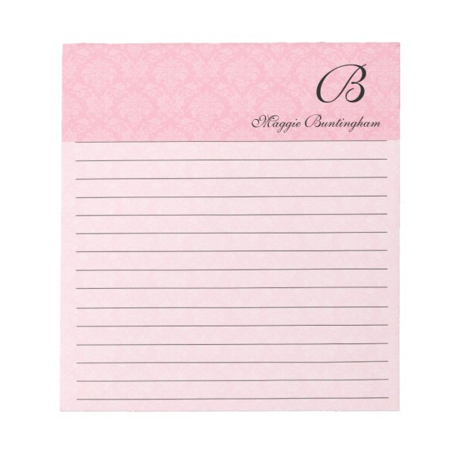 Lined Pink Damask with Black Monogram Notepad (Front)